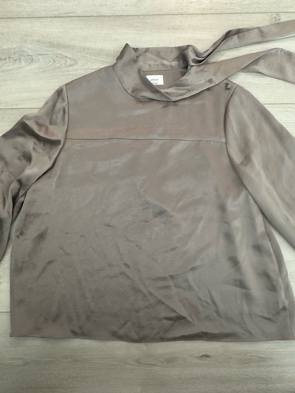 Aritzia Wilfred Taupe Satin Tie Neck Long Sleeve Blouse Size L